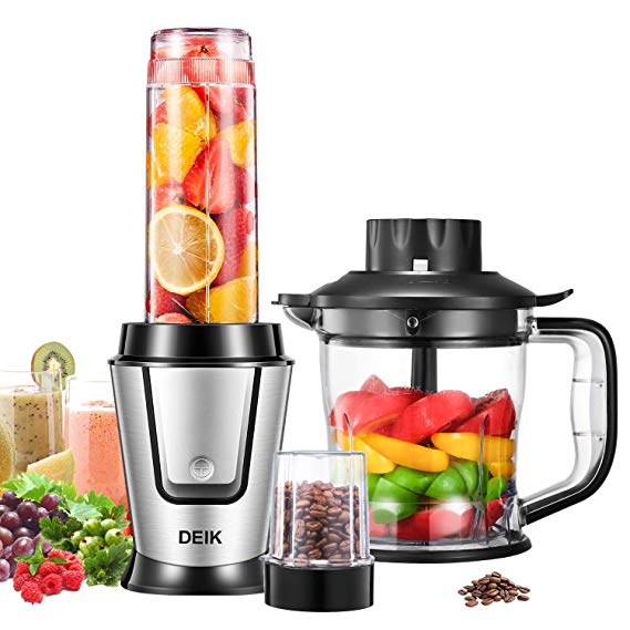 Blender, 3-in-1 Smoothie Maker, DEIK Personal Blender with Grinder and Chopper, Big Button Design, Leak-Proof Tritan Bottle, 4-Blade of Food Grade Stainless Steel, 500W, Silve