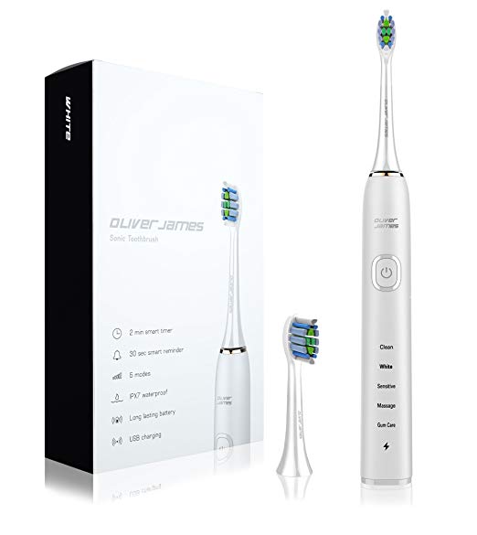 Oliver James New Generation Sonic Electric Toothbrush - 5 Modes - High Speed 4 Hour USB Charge - 30 Days Battery Life - Smart Timer and Reminder - Ergonomic Design