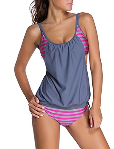 EVALESS Womens Strips Sporty Double up Two Piece Tankini Swimsuit