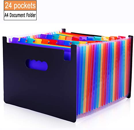 Expandable File Folder, 24 Pockets Rainbow Expanding File folders Self Standing Accordion A4 Document Folder, High Capacity Plastic Paper Organizer with Colored Labels for Business Classroom