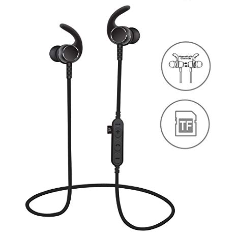 [Upgraded]SYL Bluetooth Headphones With TF SD Card Slot and Clip, Sweatproof MP3 Wireless in Ear Headsets, Bluetooth 4.2 Noise Cancelling Sports Magnetic Earphones with Mic for Gym Running (Black)