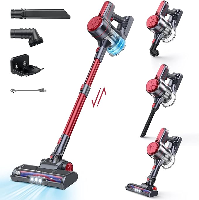 EICOBOT Cordless Vacuum Cleaner,20000Pa High Efficiency Stick Vacuum,6 in 1 Lightweight Quiet Vacuum Cleaner with 35min Long Runtime,Detachable Battery,for Hardwood Floor Pet Hair,Car,Red