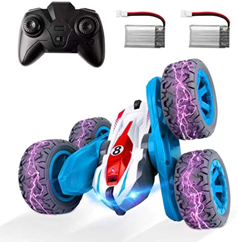ADDSMILE Remote Control Car for Boys Girls, RC Stunt Car 4WD 2.4Ghz Double Sided 360° Rotating RC Cars High Speed Vehicle Toy with Headlights for Kids Over 4 Years Old (All Batteries Included) (Blue)