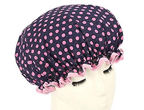 Fashion Design Stylish Reusable Shower cap with Beautiful pattern and color (Adult Size, Dark Blue(Polka dot))