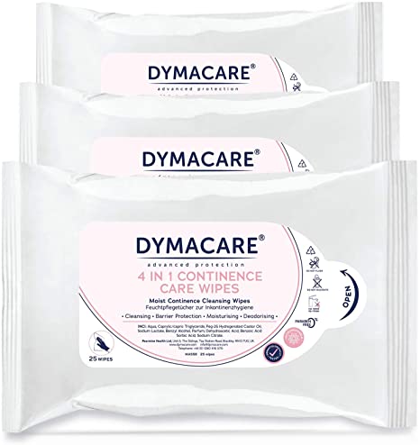 DYMACARE 4 in 1 Continence Care Wipes 25's | Adult Scented Premium Disposable Incontinence Cloths | Skin Cleansing Wipes with Barrier Protection | 3 Packs (75 Wipes in Total)