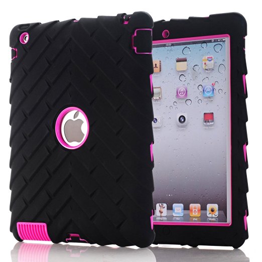 HOcase iPad Case - Hybrid of Dual Layer Solid PC and Soft Silicone Ruggedized Shockproof Protective Case with Tough Tire Design for iPad 2, iPad 3 and iPad 4 (Black Deep Pink)