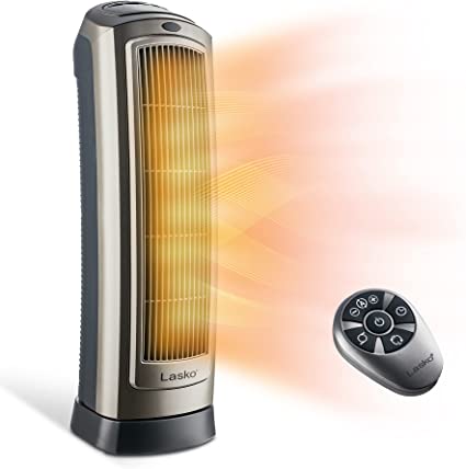 Lasko Oscillating Digital Ceramic Tower Heater for Home with Adjustable Thermostat, Timer and Remote Control, 23 Inches, 1500W, Silver, 755320