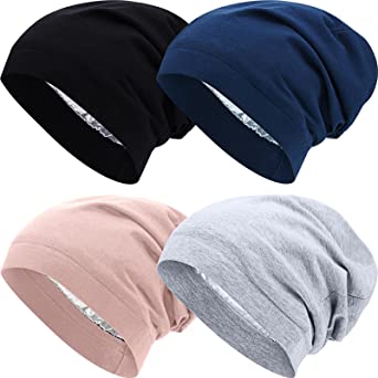 4 Pieces Satin Lined Sleep Cap Slouchy Beanie Hat Night Hair Cap for Women