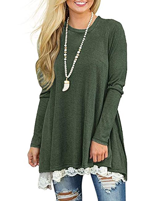 Rdfmy Women's Lace Long Sleeve Tops Casual Round Neck Top Blouses