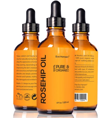 4oz Organic Rosehip Oil - BIG 4 OUNCE! - 100% Pure & Certified Organic Cold Pressed - SEE RESULTS OR YOUR MONEY-BACK - Heals Dry Skin, Fine Lines, Acne Scars, Eczema, Psoriasis, Sun Damage & More!