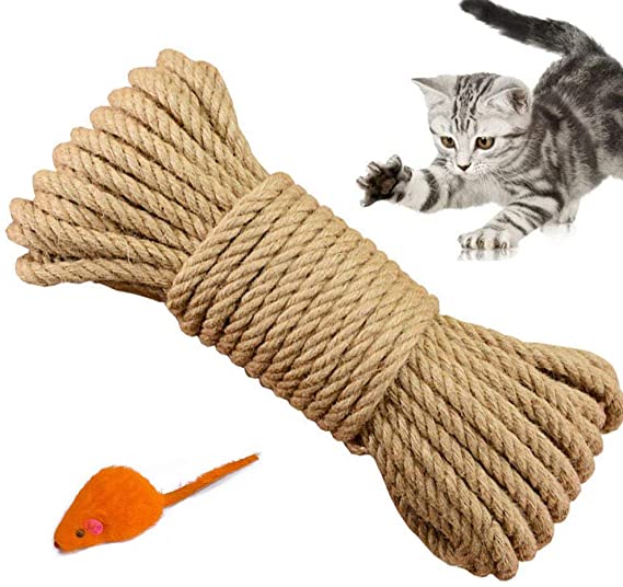Yangbaga Cat Natural Sisal Rope for Scratching Post Tree Replacement, Hemp Rope for Repairing, Recovering or DIY Scratcher, 6mm Diameter, Come with One Ratter Mice (33FT)