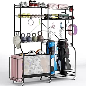 Goplus Garage Sports Equipment Organizer, Ball Storage Rack w/Rolling Wheels, Basket, Adjustable Shelves, 13 Detachable Hooks, Basketball Football Gear Holder, Indoor Outdoor Storage Cart for Golf Bag