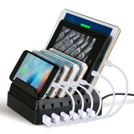 FLECK 6-port USB Charging Station Organizer [CS006] Charging Stand Docking Station Power Your Devices And Manage Your Workspace, For iPad/ iPhone/ Samsung And More (Black)