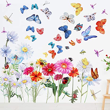 65 Pieces Chrysanthemums Flowers Butterflies Dragonflies Wall Decal Flowers Vines Garden Vinyl Wall Decals Stickers Removable Peel and Stick for Kids Room Nursery Classroom Bedroom Decor (Colorful)