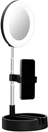 6.3'' Portable Ring Light with Stand and Phone Holder,3 Color Modes and 10 Brightness,2020 Upgraded Foldable Makeup Light with Mirror,USB Powered,for Live Streaming, YouTube (Black)