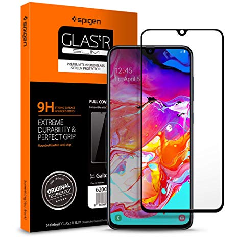 Spigen, Screen Protector Compatible with Samsung Galaxy A70, Full Coverage, 9H Tempered Glass, High-Responsiveness, Case Compatible, Anti-Fingerprint, Tempered Glass Compatible with Samsung A70