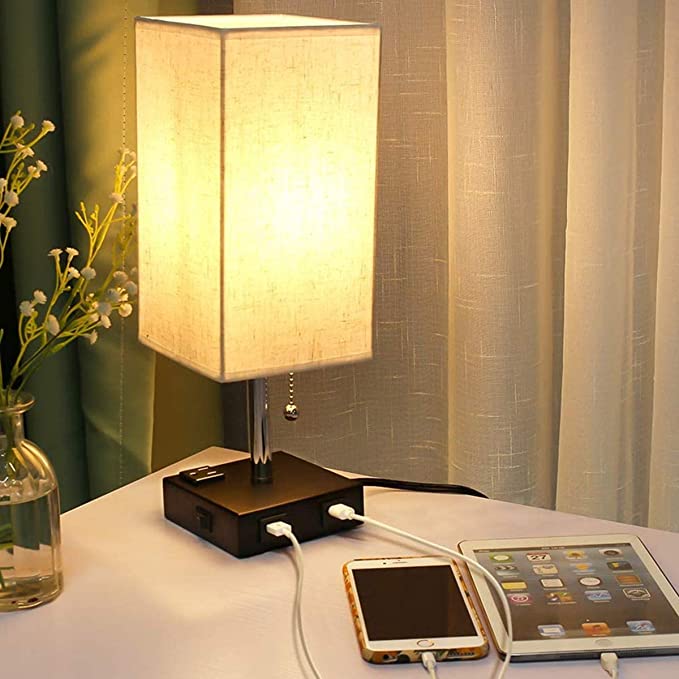 KINGSO USB Bedside Lamp Table Lamp with Outlet and 2 USB Ports 3 ON/Off Switch Settings for Bedroom, Living Room, Office (Bulb Not Included)