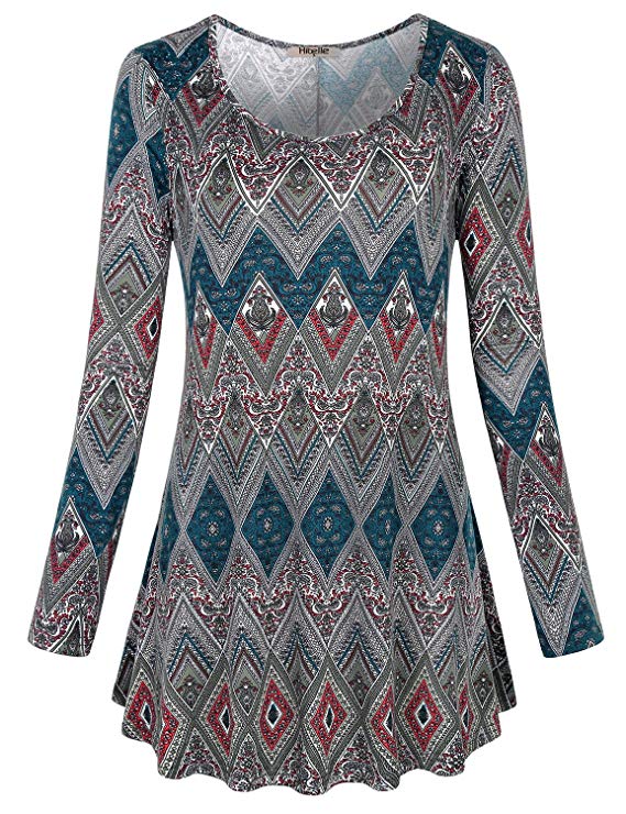 Hibelle Women's Scoop Neck Long Sleeve Casual Printed Flared Basic Tunic Tops