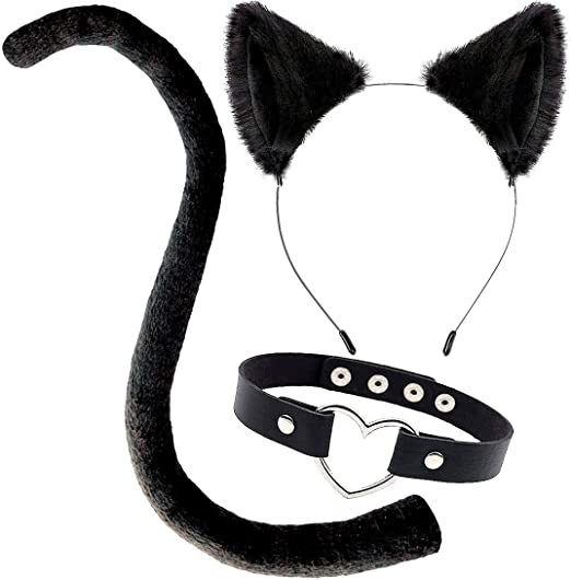 Cat Ears and Tail Costume Accessories Anime Ear Clips Headband Black Tail Long/Sexy Heart Choker for Cosplay Cat Costume Set Animal Ears Hair Clip for Women, Halloween, Neko Accessory Kit