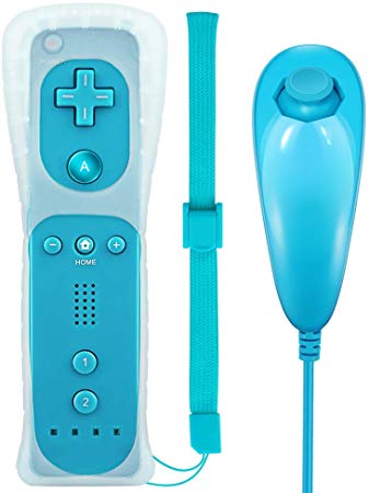 Maliralt Wii Remote Controller and Nunchuck for Nintendo Wii/Wii U, LP02 Wii Wireless Controller with Joystick Silicone Case and Wrist Strap Build-in Vibration Motor - Cyan (Third-Party Made)