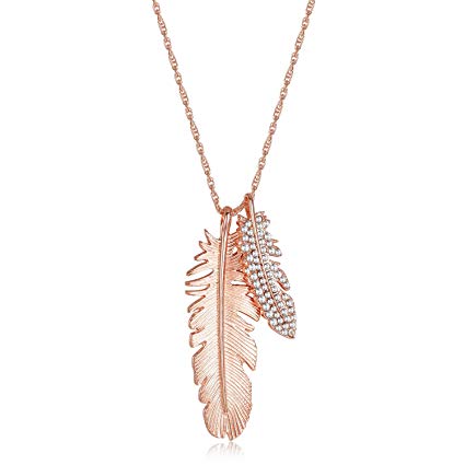 Gold Feather Long Chain Necklace - 2 Feathers 14k Gold Plated Charm Plume Boho AAAAA CZ Drop Y Type Pendant Necklace for Women … …