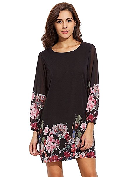 Floerns Women's Floral Print Chiffon Sleeve Round Neck Casual A-Line Shift Dresses