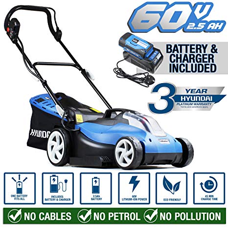 Hyundai Cordless Battery Powered Lawn Mower Cutting Width 42cm with 60V Lithium Ion Battery & Charger HYM60LI420, Blue