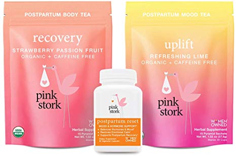 Pink Stork Postpartum Bundle: Postpartum Reset, Uplift Tea, Recovery Tea to Support Hormones   Healthy Mood, Restores Nutrients