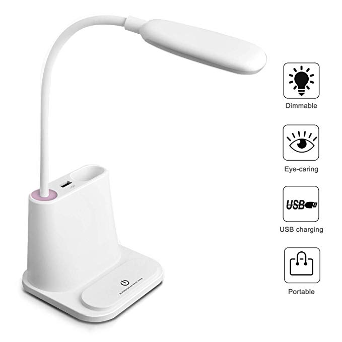 NovoLido Rechargeable Led Desk Lamp with USB Charging Port, Eye-Caring Table Lamps with 2 Color Modes, 360° Adjustable Metal Hose, Touch Control Night Light for Kids Bedroom Studying Reading (White)