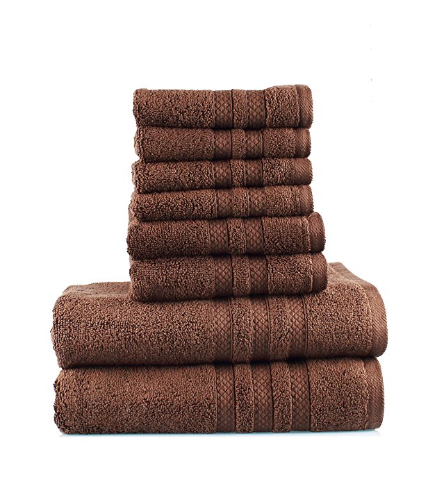 Feather Touch 8 Piece Towel Set (Chocolate); 2 Bath Towels, 2 Hand Towels and 4 Wash Towels - Cotton - Machine Washable, Hotel Quality, Super Soft and Highly Absorbent