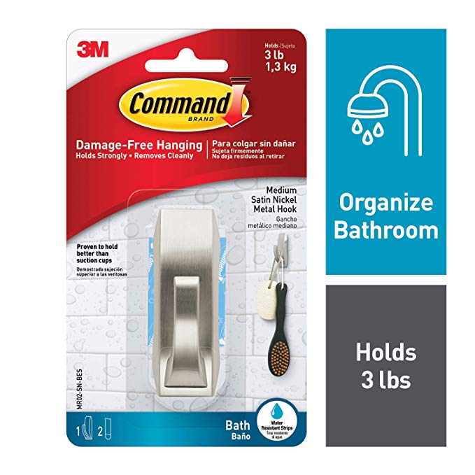 Command Modern Reflections Metal Bath Hook, Medium, Satin Nickel, 1-Hook with Water-Resistant Strips (MR02-SN-BES)