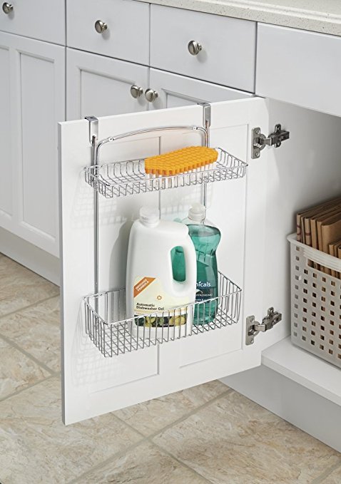 mDesign Over the Cabinet or Wall Mount Kitchen Storage Organizer Basket for Aluminum Foil, Sponges, Cleaning Supplies - 2-Tier, Chrome