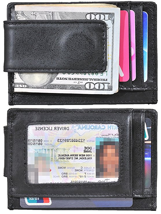Money Clip Slim Wallet Thin Front Pocket Wallet Genuine Leather RFID Blocking