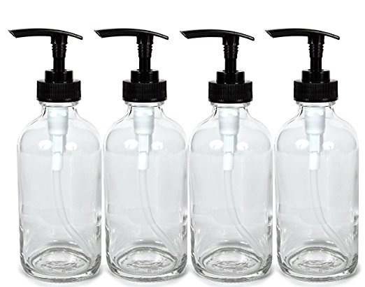 Vivaplex, 4, Large, 8 oz, Empty, Clear Glass Bottles with Black Lotion Pumps