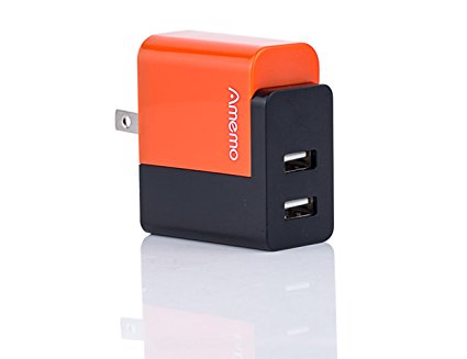 Amemo 4.8A 24W Dual USB Travel Wall Charger Power Adapter with Foldable Plug and Smart IC for Smartphone, Tablet, External Battery Pack and Bluetooth Speaker-Orange