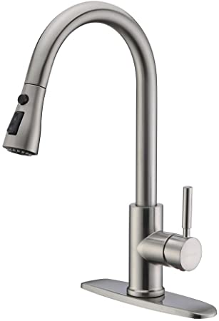 WEWE Single Handle High Arc Brushed Nickel Pull Out Kitchen Faucet,Single Level Stainless Steel Kitchen Sink Faucets with Pull Down Sprayer