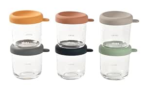 Beaba 6 Pack Glass Baby Food Jars, Freezer, Sterilizer, and Dishwasher Safe, 8 oz Baby Food Storage Jars with SilAir Tight Lid, Sunrise