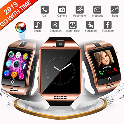 Smartwatch for Android, Bluetooth Smartwatch Touch Screen Sport Wrist Watch Smartwatch Phone Fitness Tracker with Camera Pedometer SIM TF Card Slot for All Smartphones Samsung (Gold-Q18-Y2Z-)
