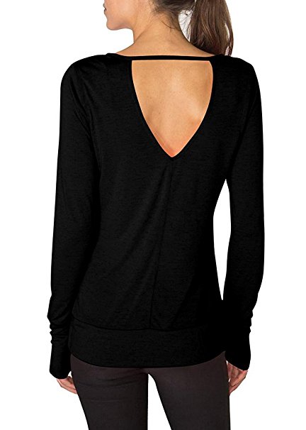 Yucharmyi Women's Casual Sexy Long Sleeve Open Back Loose Tunic Top Knit Stretchy T Shirts Backless Blouse