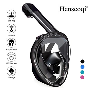Henscoqi 180° Full Face Snorkel Mask,Anti-Fog and Anti-Leak Design/Adjustable Head Straps/Free Breathing Tubeless Design/Prevents Gag Reflex,See More with Larger Viewing Area