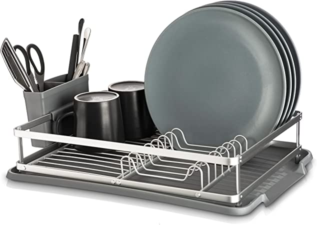 LIVIVO Aluminium Dish Drainer Crockery Cutlery Dish Drying Rack with Removable Drip Tray Utensils Cutlery Holder Draining Board – Ideal for Kitchen Countertop Plates Cups Glasses Tidy Organiser Grey