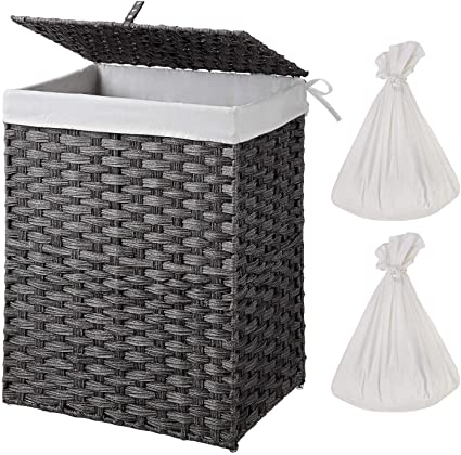 Greenstell Handwoven Laundry Hamper with 2 Removable Liner Bag, Synthetic Rattan Laundry Basket with Lid and Handles,Foldable and Easy to Install Gray(Standard Size)