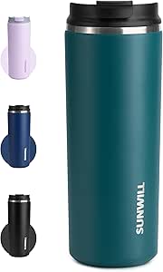 SUNWILL Coffee Tumbler Cups, Insulated Coffee Mug with Lid, 16 oz Stainless Steel Travel Coffee Cup, Powder Coated Peacock Blue