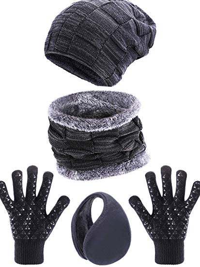 Tatuo 4 Pieces Ski Warm Set Includes Fleece Lined Hat Beanie Circle Scarf Winter Ear Warmer and Gloves for Adults Kids