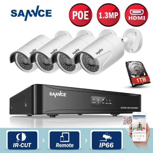 [New 960P] Sannce 1TB Hard Drive 4CH 960P PoE NVR HD Security Camera System with 4xHD 720P 1.3 MP Weatherproof Bullet IP Cameras, Quick QR Code Smartphone Access, HDMI Output, USB Backup