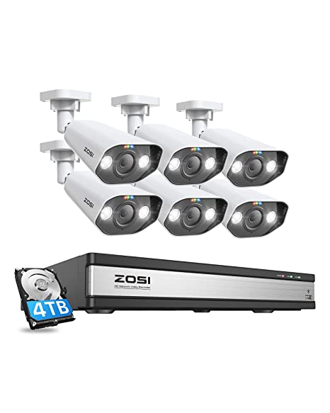 ZOSI 4K 16CH Spotlight PoE Home Security Camera System,6pcs 8MP Wired PoE IP Cameras,Night Vision,Human Detection,Sound&Light Alarm,2-Way Audio,16Channel 8MP NVR with 4TB HDD for 24-7 Recording