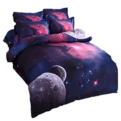 Ikakon 3 in1 3D Print Galaxy Floral Twin Bedding Sets- Duvet Cover, Outer Space Sheets with 1 Pillow Case (XK002 Purple)