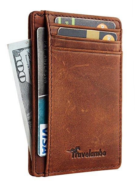 Travelambo Front Pocket Wallet Minimalist Wallets Leather Slim Wallet Money Clip RFID Blocking