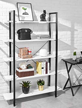 ORAF Bookshelf 5 Tiers Rustic Wood Bookcase, Industrial Style 70lbs High Weight Load Sturdy Bookshelf with Metal Frame, Easy to Assemble Large Storage Organizer, Modern White