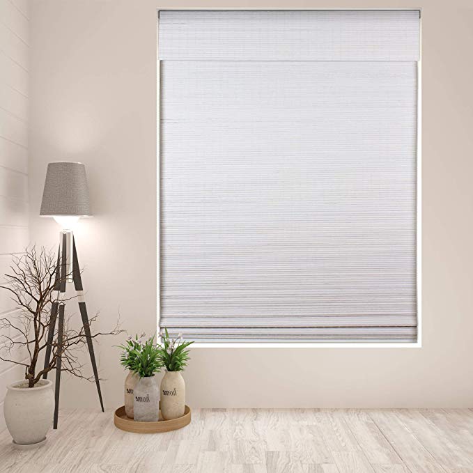Arlo Blinds Cordless Semi-Privacy White Bamboo Roman Shades Blinds - Size: 34" W x 60" H, Innovative Cordless Lift System ensures Safety and Ease of use